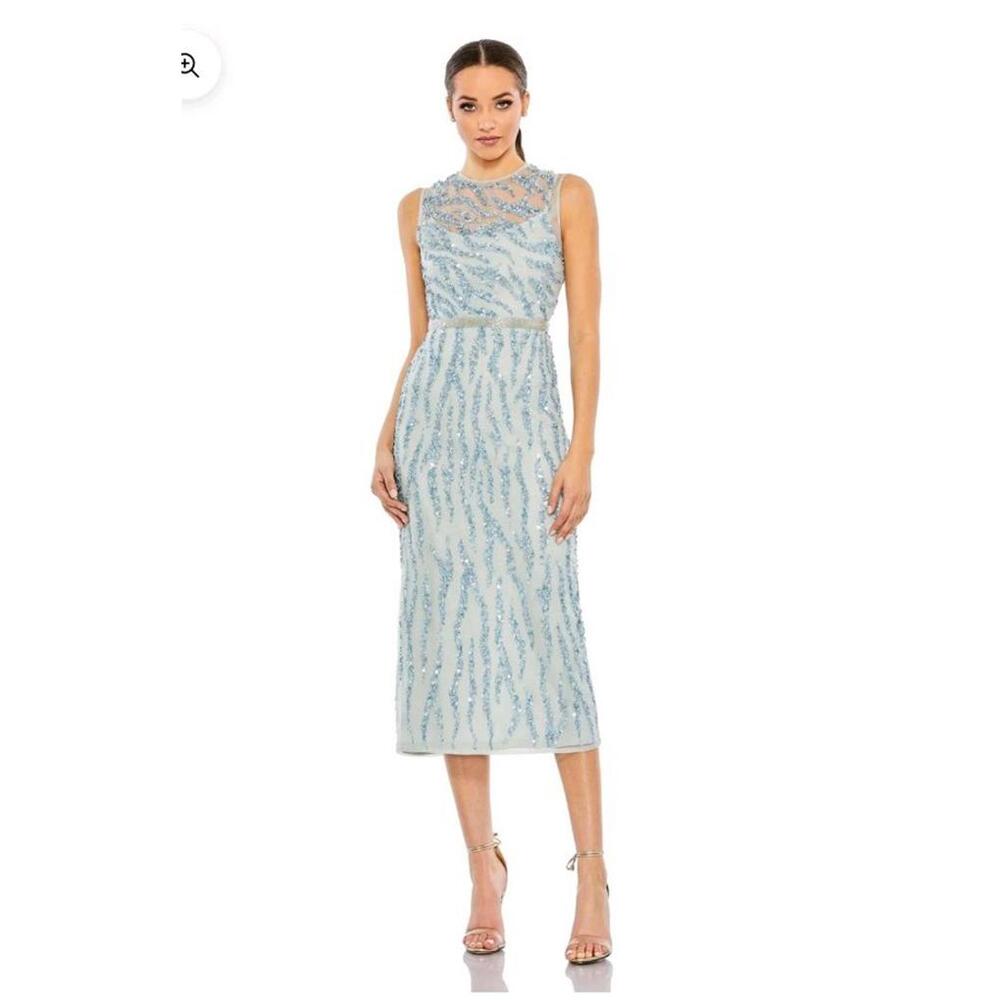 NWT Mac Duggal A93765 Beaded Formal Midi Dress Ice Blue Sleeveless Size 4